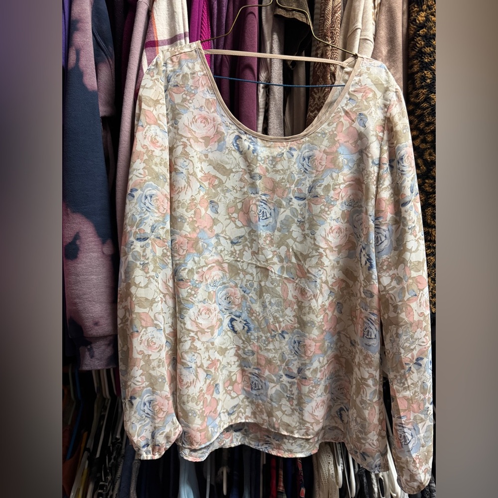 Charming Charlie Floral Sheer Hi- Low Long Sleeve Top - Cream, Pink, Blue